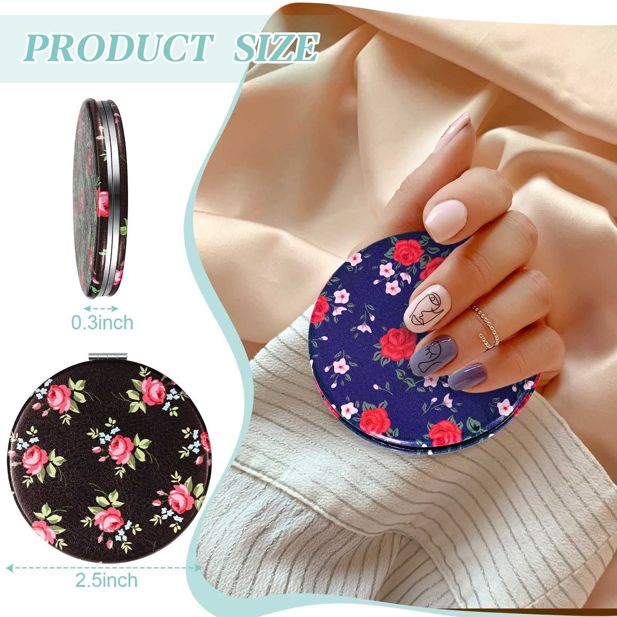 Mini Floral Compact Mirror Set for Women - 6 Pack Portable Folding Makeup Mirrors with Magnification