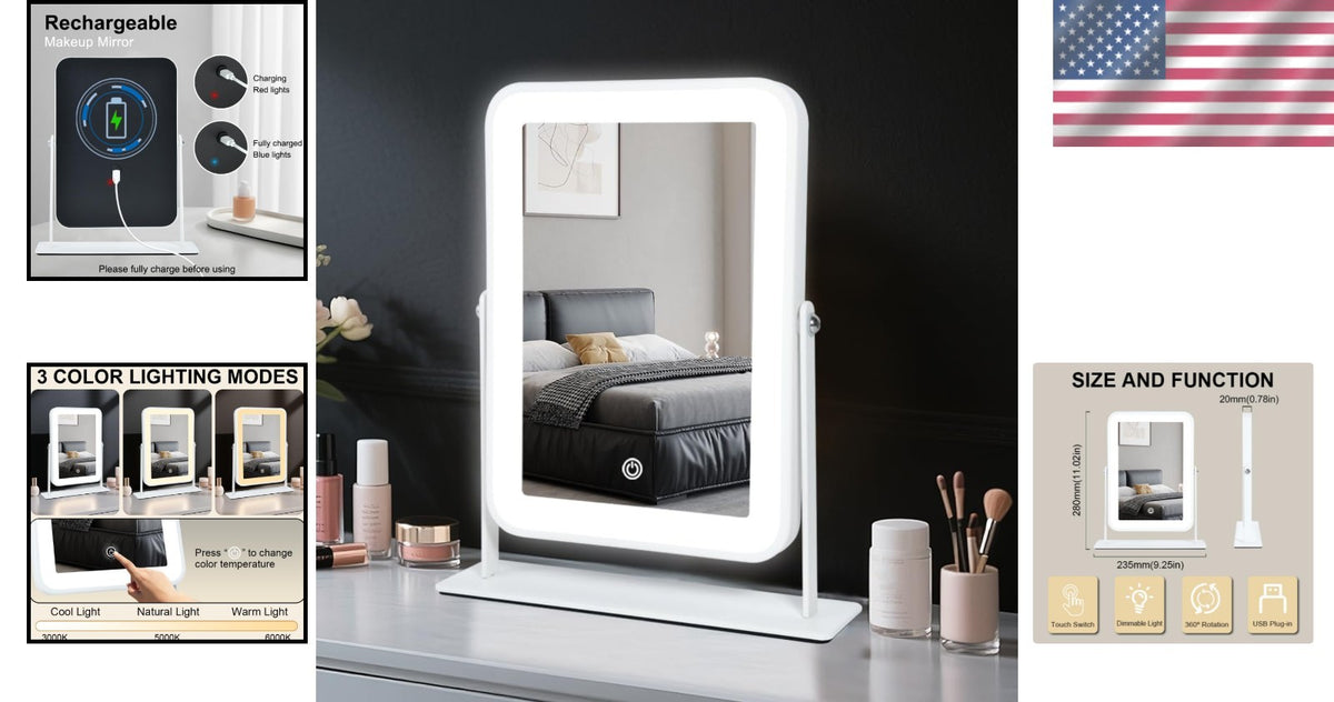 Rechargeable 9x11 LED Makeup Mirror with Dimmable Touch & 3 Color Modes