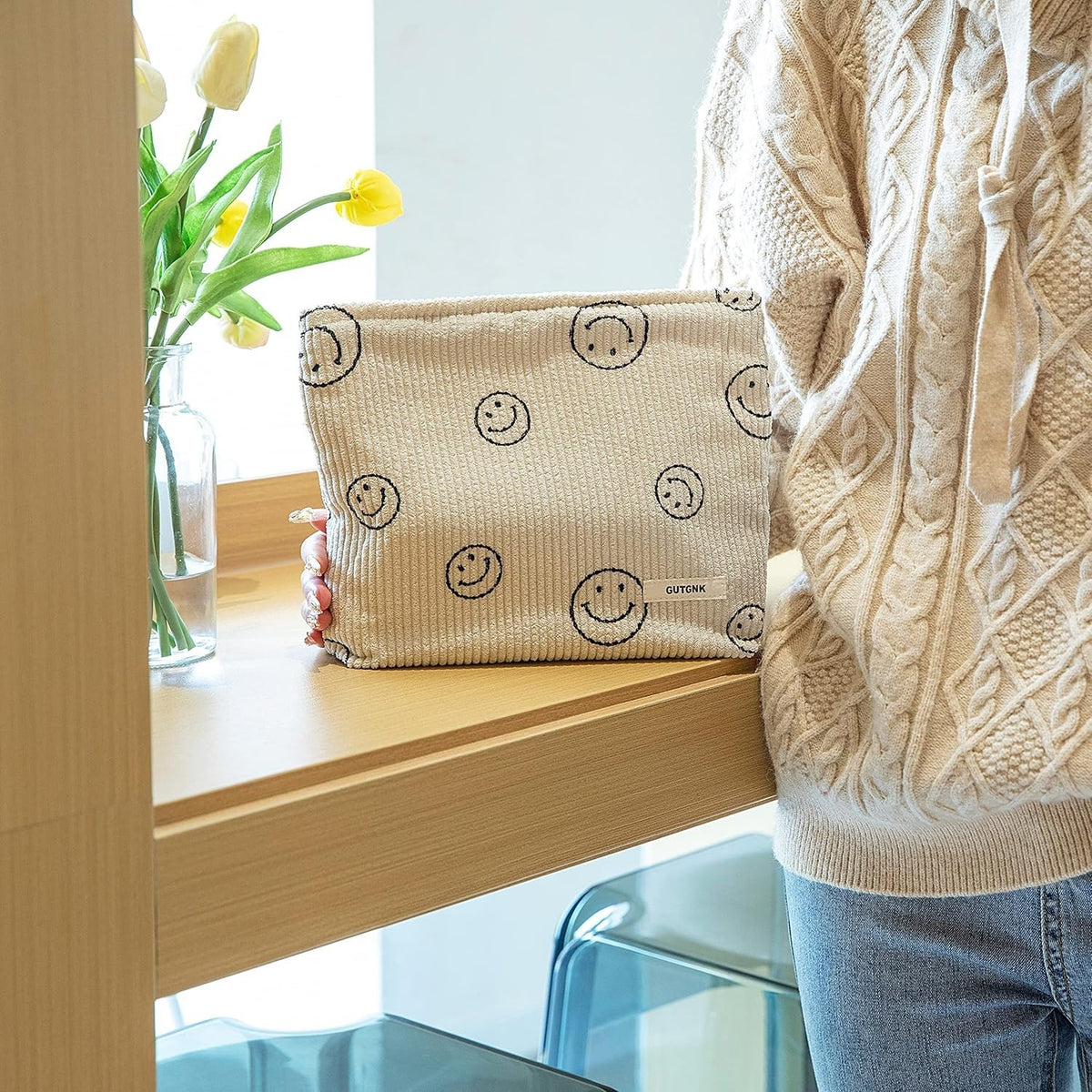 Corduroy Makeup Bag for Women - Aesthetic Ladies Tote with Smiling Faces