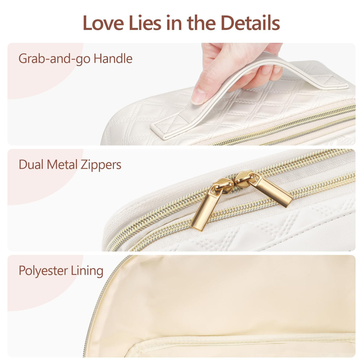Large Quilted Travel Makeup Bag for Women - PU Leather Organizer, Cream