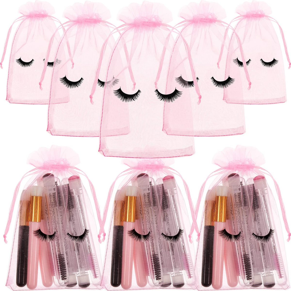Eyelash Aftercare Bags 100 Pcs Cosmetic Drawstring Organza Pouches Pink & Black
