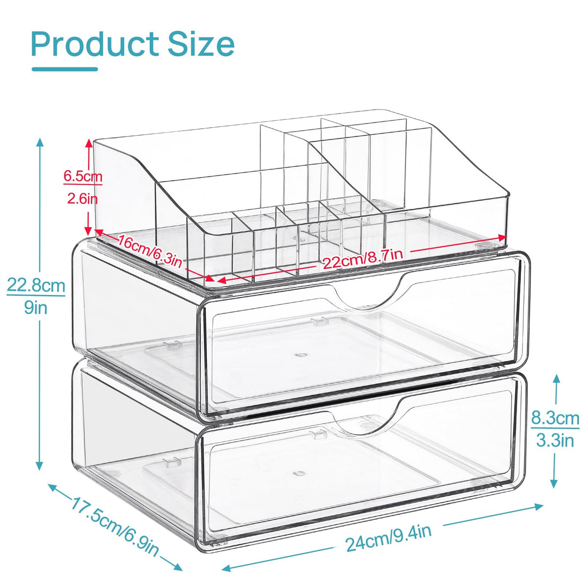 3-Tier Clear Makeup Organizer with Drawers and Compartments for Beauty Storage