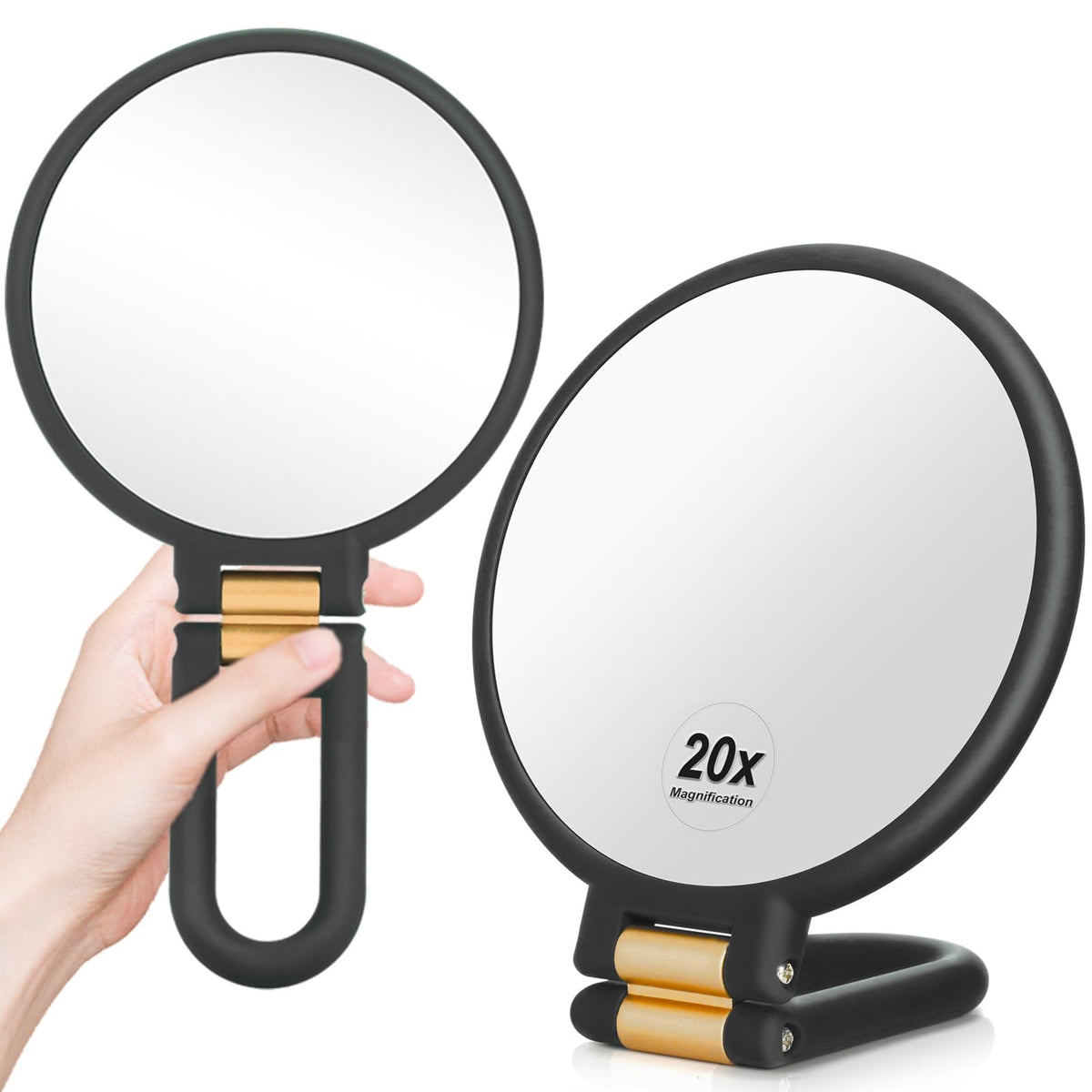 20x Magnifying Travel Handheld Mirror with Foldable Handle Black