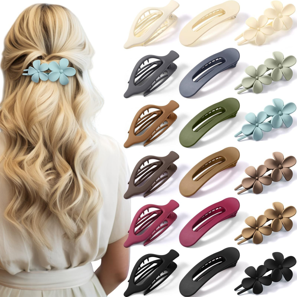 18 Pack Flat Hair Clips Set with 3 Styles - Claw, Flower, French