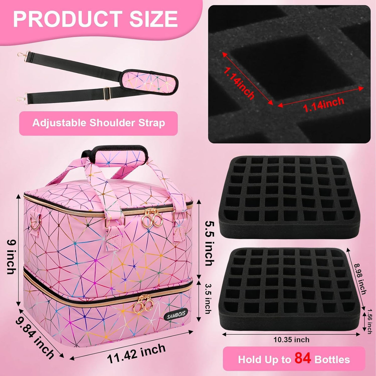 Large Capacity Nail Polish Organizer Bag with Lamp and Travel Case - Holds 84 Bottles