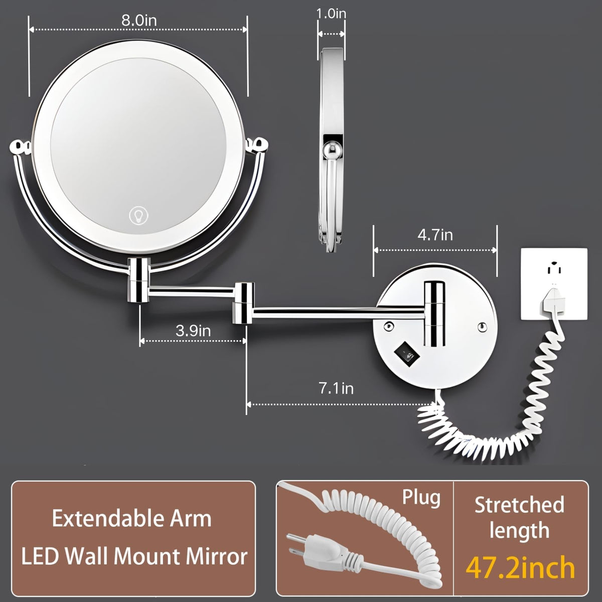 8-Inch Double-Sided Wall Mounted Lighted Makeup Mirror with Magnification