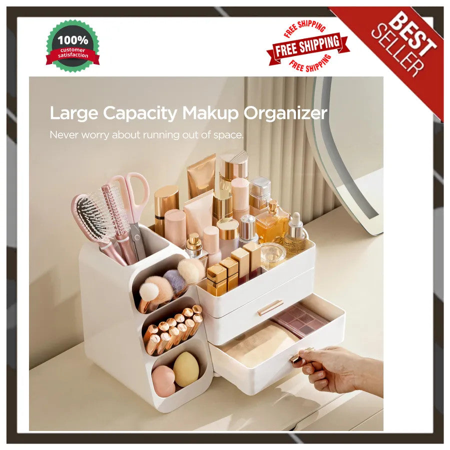 Large Plastic Makeup Organizer with Drawers and Brush Slots - White Vanity Storage