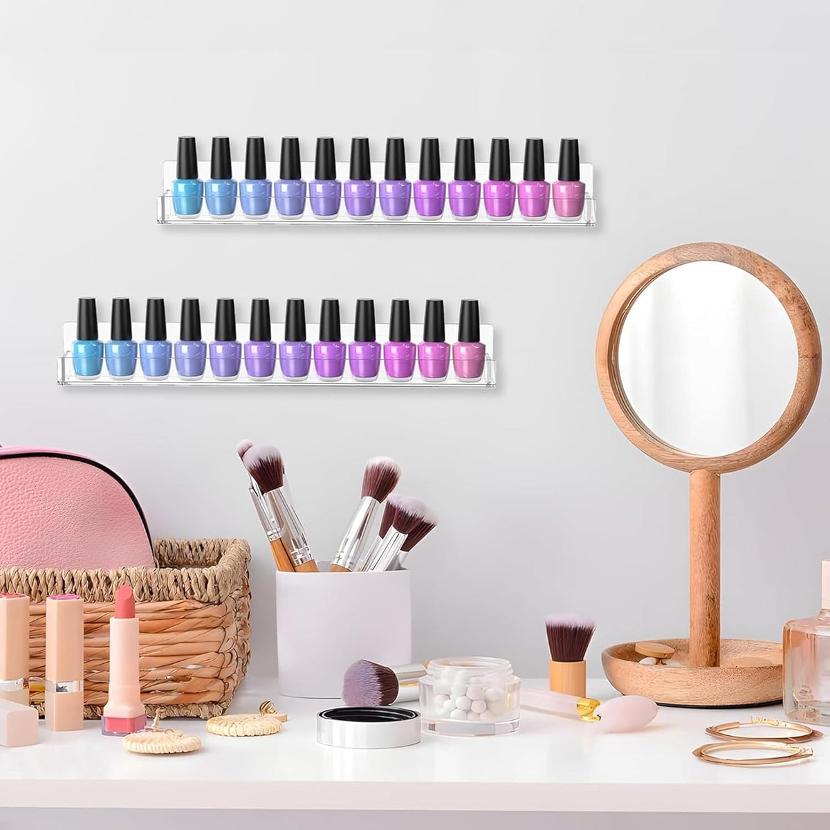 2 Pack Wall Mount Nail Polish Racks - Clear Acrylic Cosmetic Organizer