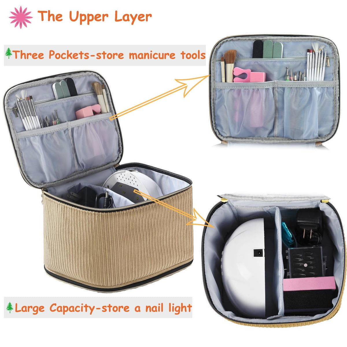 Corduroy Nail Polish & Manicure Tool Organizer Case for 30 Bottles - Brown