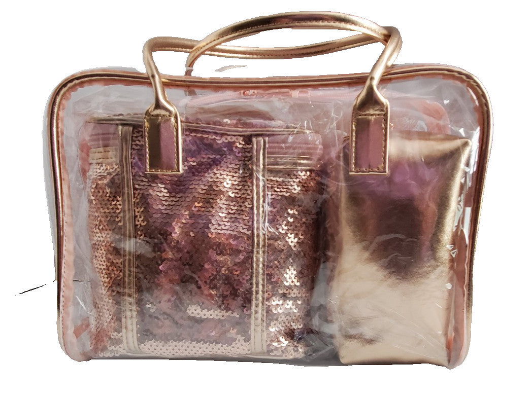 Pink Sequin Weekender Set with Red Stones - 8 Piece Cosmetic Bag Organizer