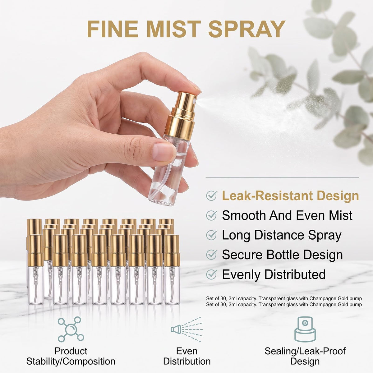 30Pcs Refillable Mini Glass Spray Bottles 3ML for Perfume Samples Travel