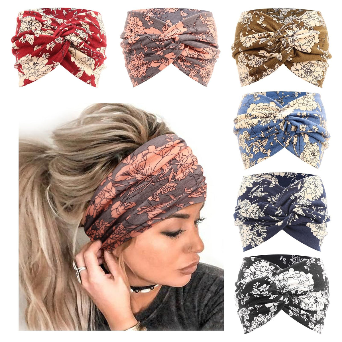 Extra Wide Headbands for Women Large Turban One Size, 6 Pcs: B