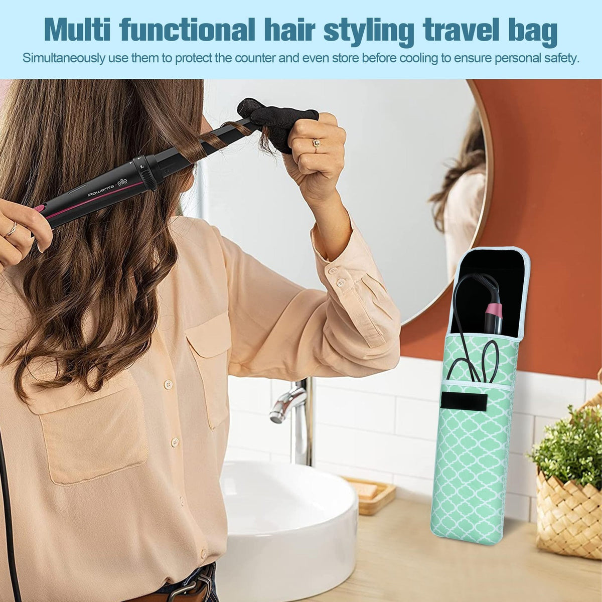 Heat Resistant Neoprene Curling Iron and Flat Iron Holder with Storage Pocket