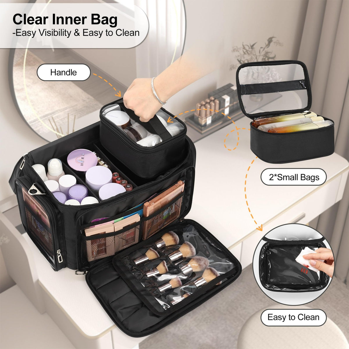 Large Makeup Organizer Bag with 2 Pouches - Travel Cosmetic Case