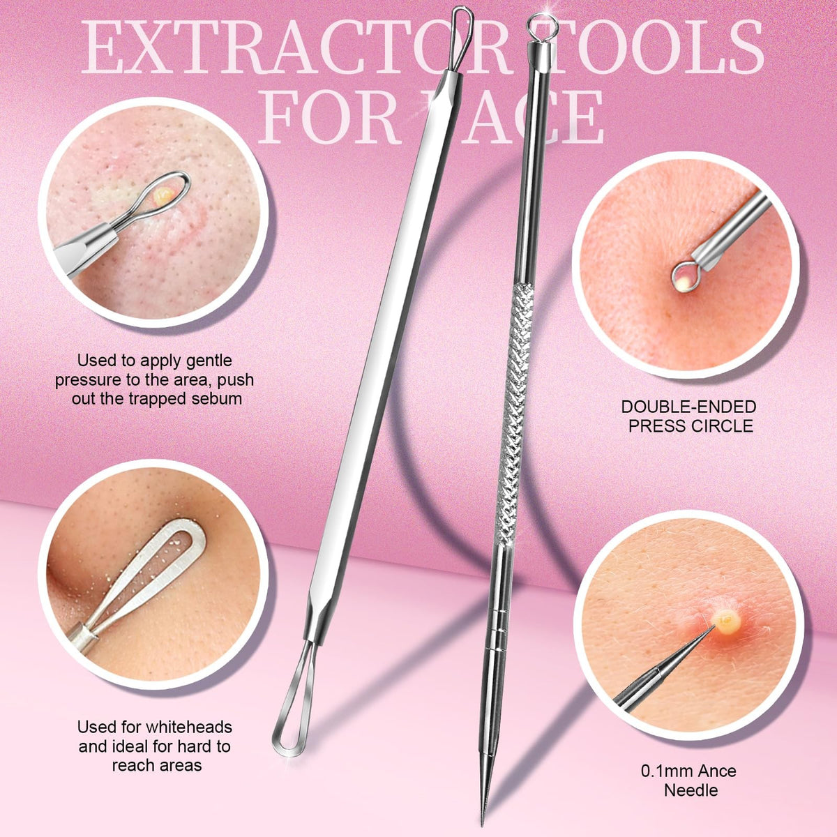 Blackhead Remover Pimple Extractor Tool Kit with 2 Silver Tools