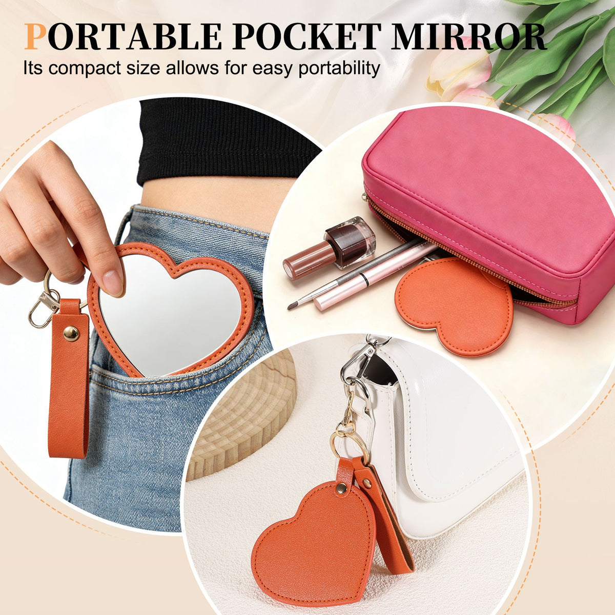 Mini Heart Shape Keychain Mirror with Leather Cover - Compact & Portable