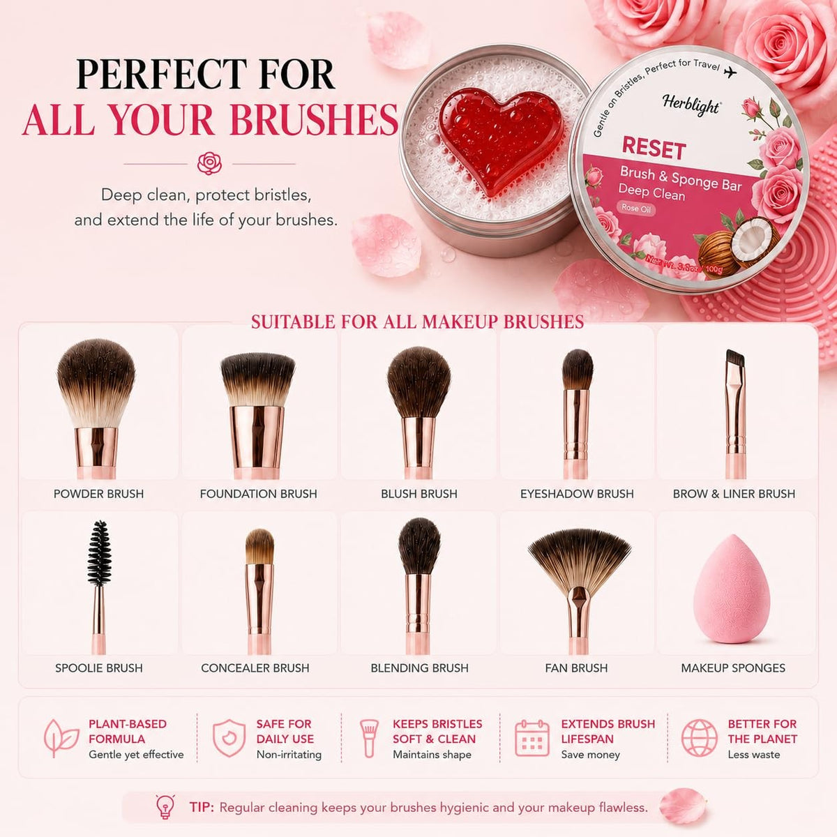 Makeup Brush Cleaner Soap with Jojoba & Rose Oil - 3.4oz, Pink Rose