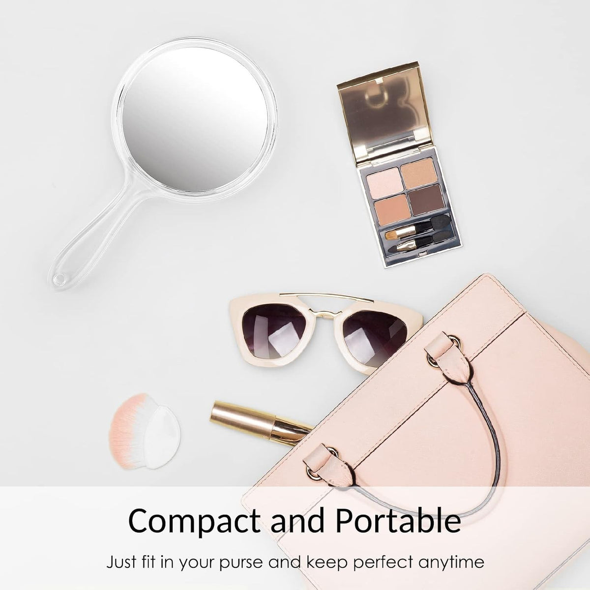 Double-Sided Hand Mirror with 1X/2X Magnification and Handle - Compact Beauty Tool
