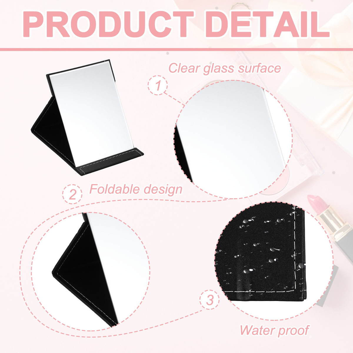 Foldable Travel Desk Mirror with Stand 6x8.1 Inches Black Leather