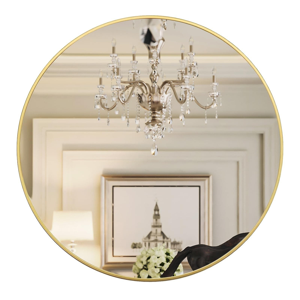 24 Inch Gold Round Wall Mirror - Modern Metal Bathroom & Living Room Decor