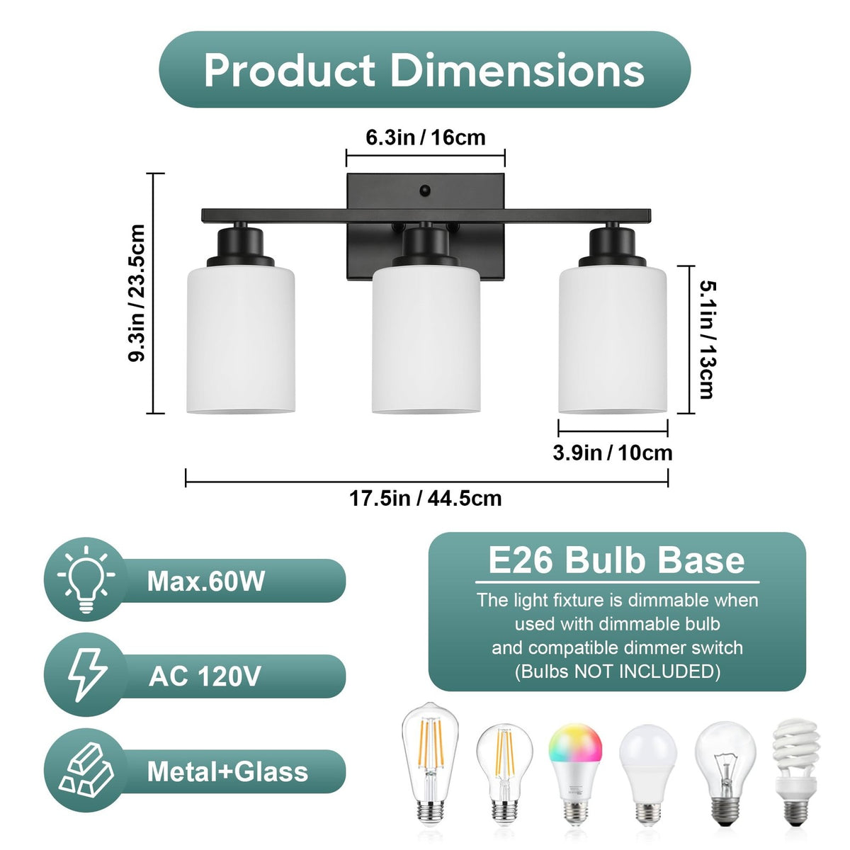 3-Light Vanity Light Fixture - Black Wall Sconce with Milky White Glass Shades