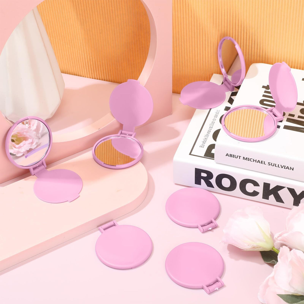Mini Portable Pink Makeup Mirror Set – 24 Pack Compact Folding Handheld