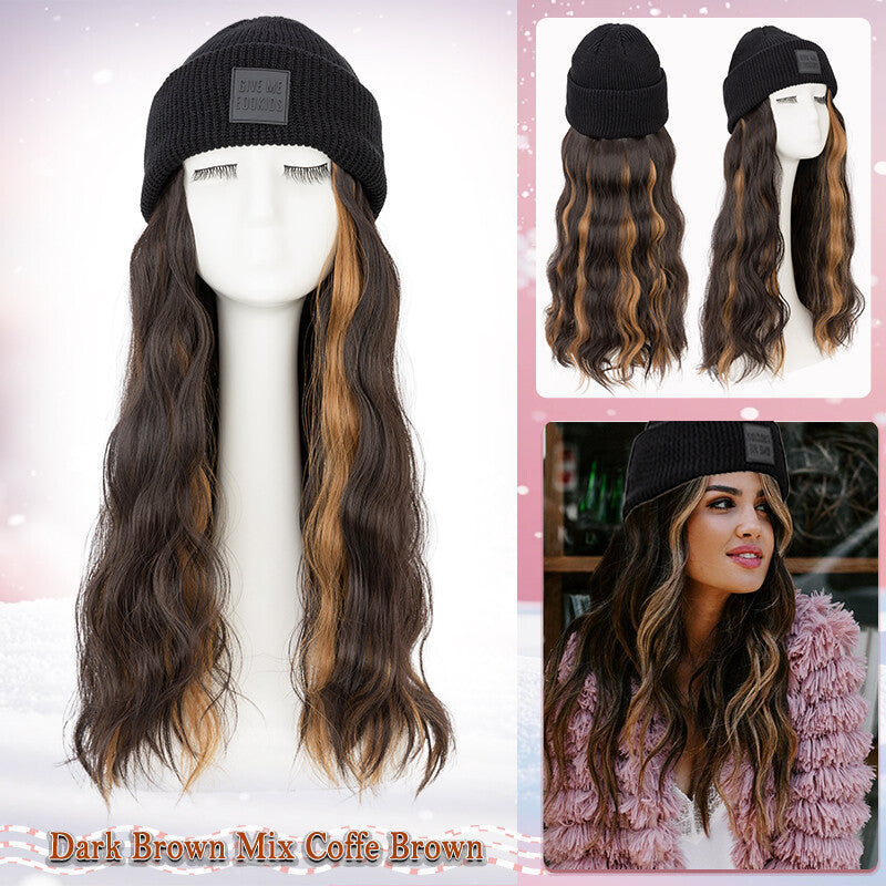 Unisex Wavy Long Hair Beret Cap with Synthetic Hair - Casual Hat Wig