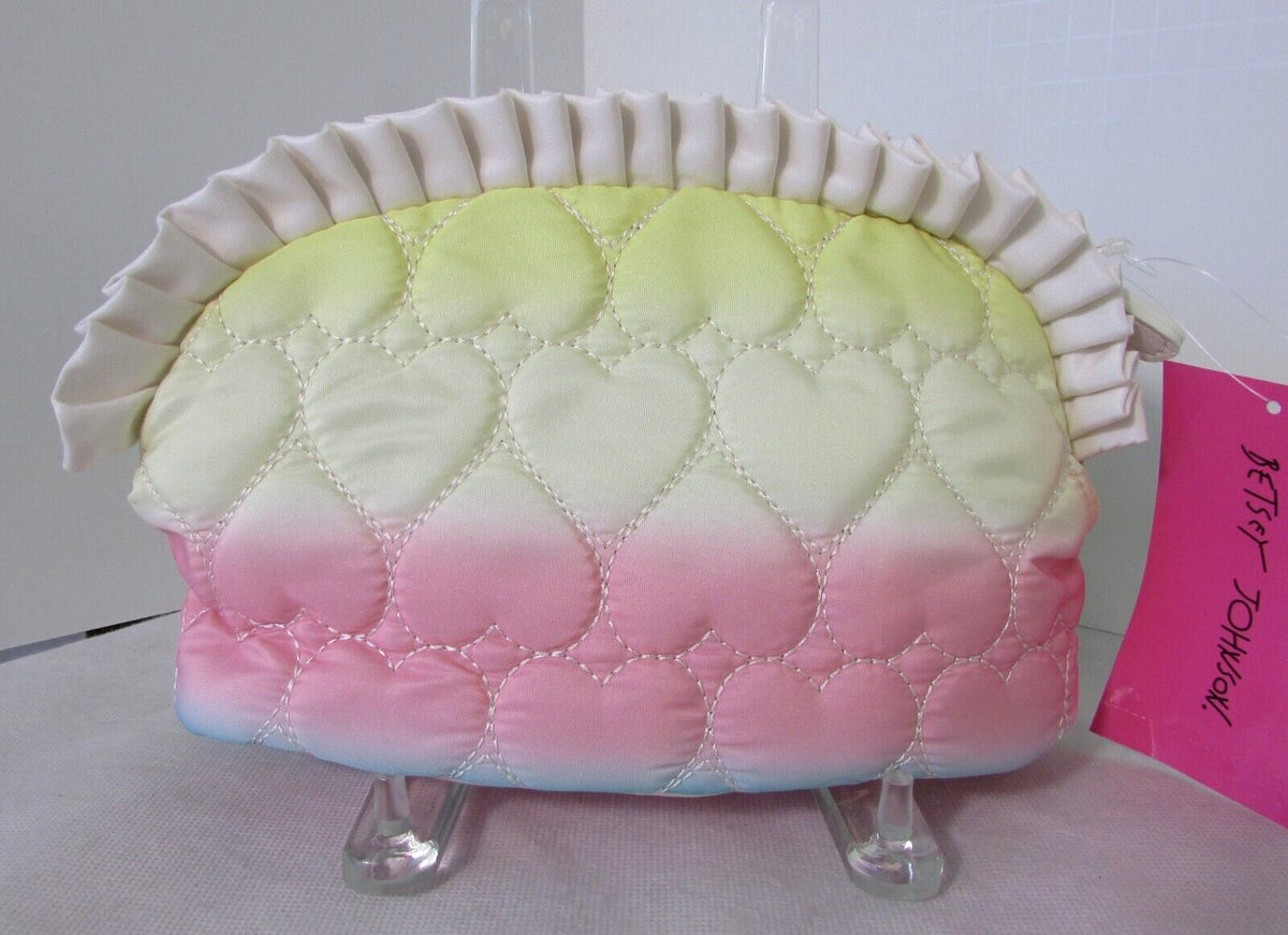 Large Rainbow Hearts Quilted Makeup Bag with Ruffle - Betsey Johnson