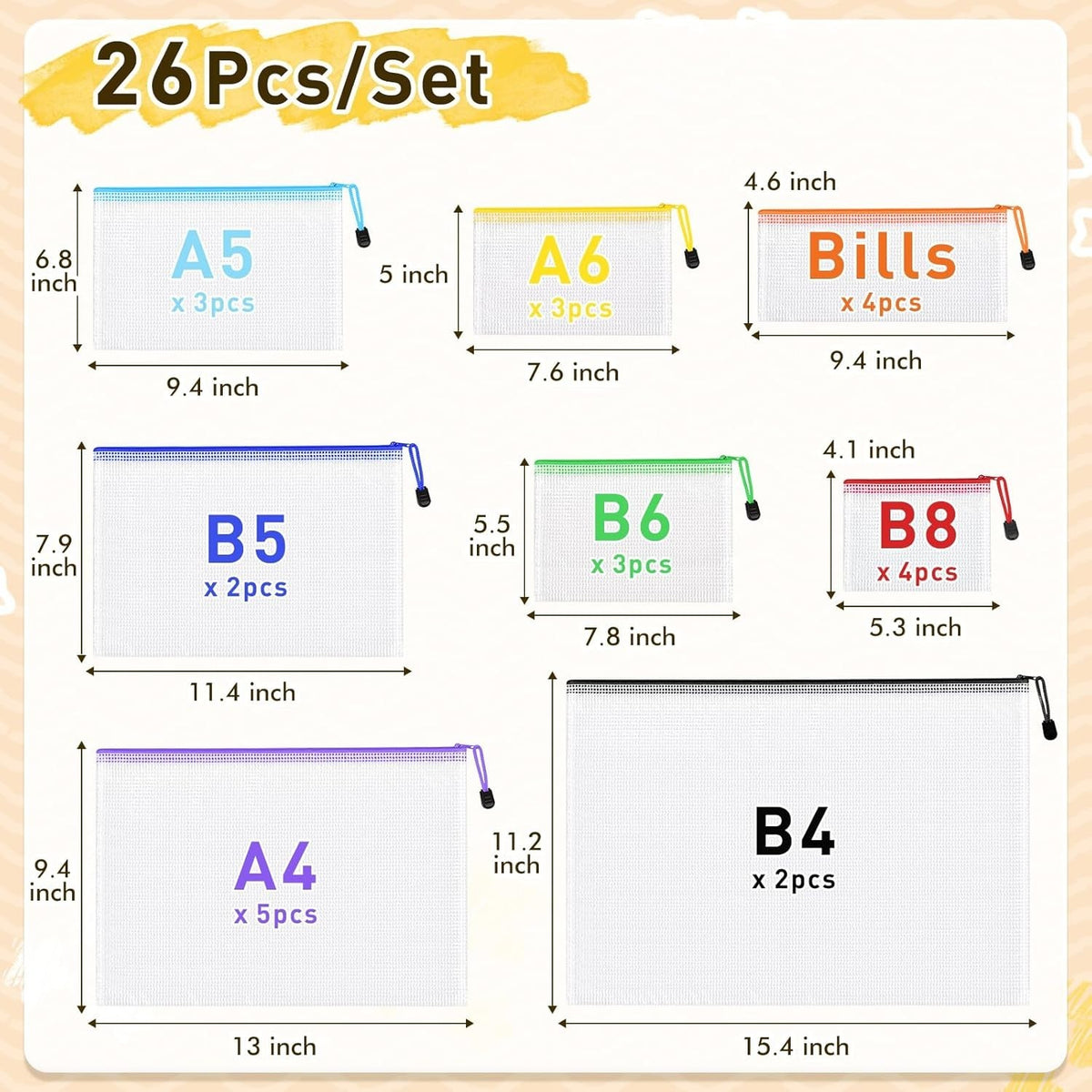 26pcs Mesh Zipper Pouch Bags Set - Waterproof Clear Storage Bags for Office Travel