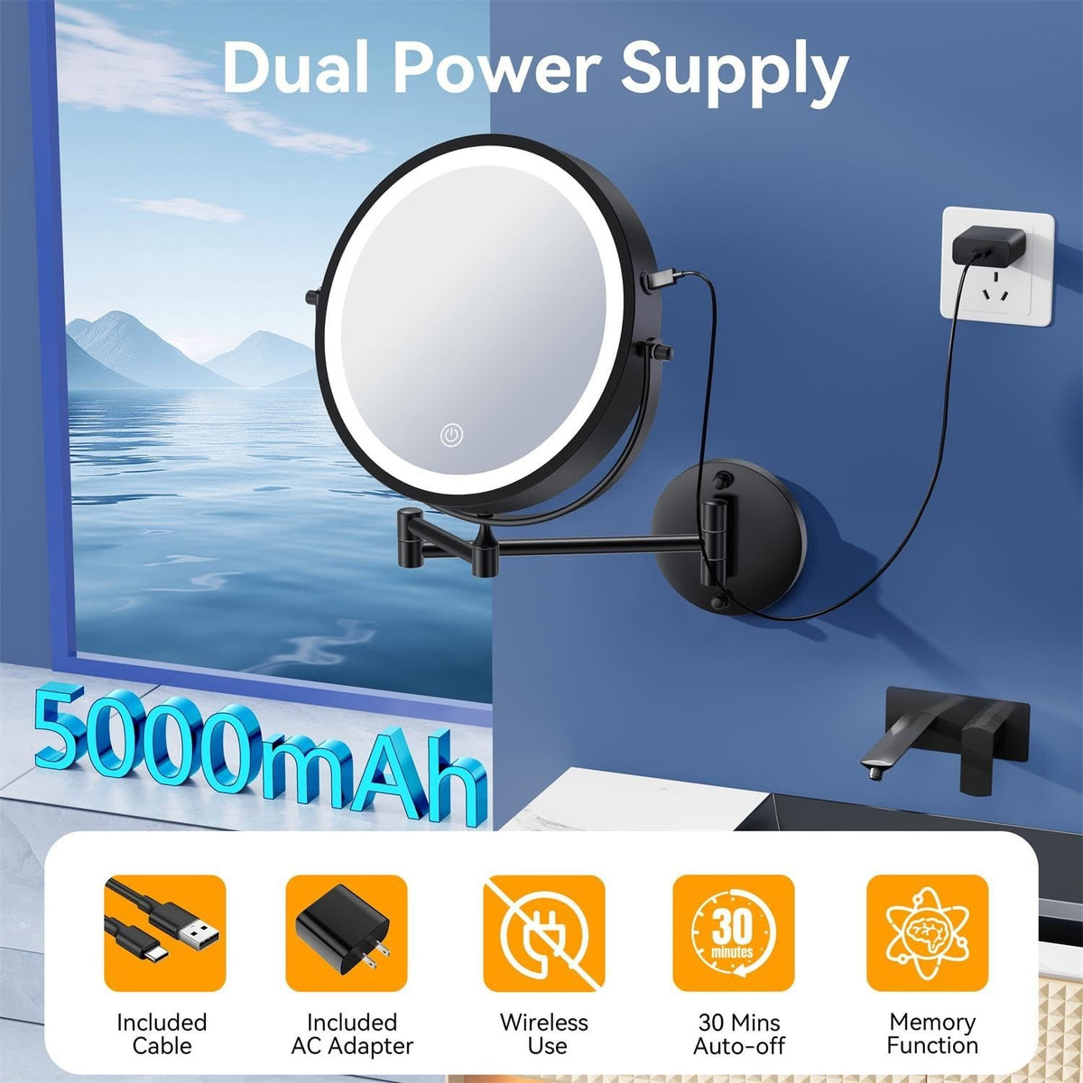 Rechargeable Wall Mounted Lighted Makeup Mirror with 30X Magnification, Dimmable LED, 9 Inch
