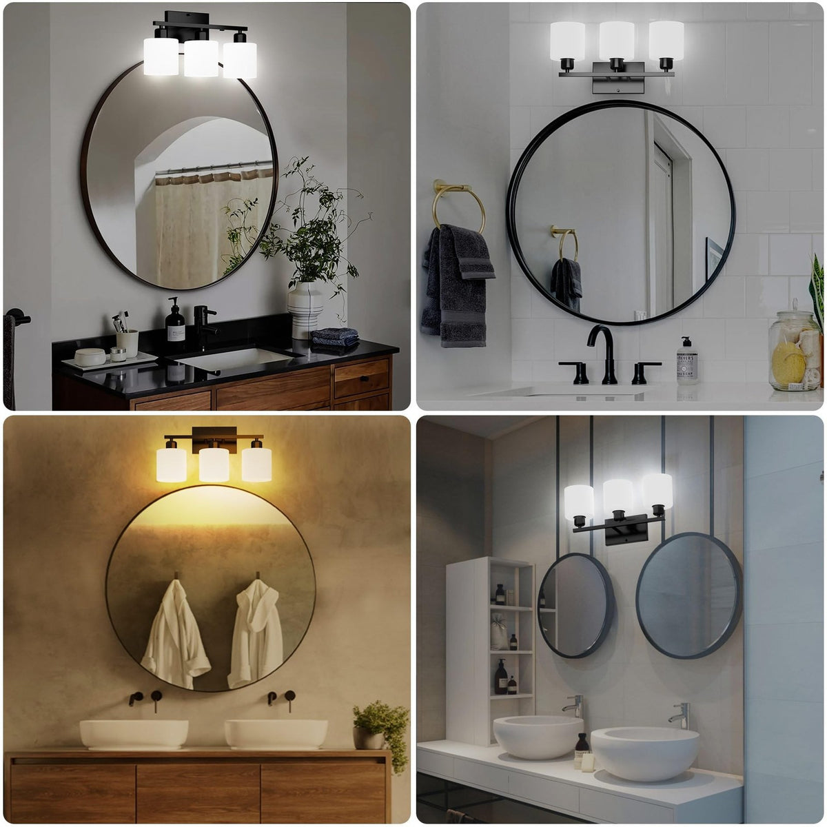 Black Bathroom Wall Light Fixtures with Milky White Glass Shades - Modern Vanity Sconce, Rustproof 3-Light