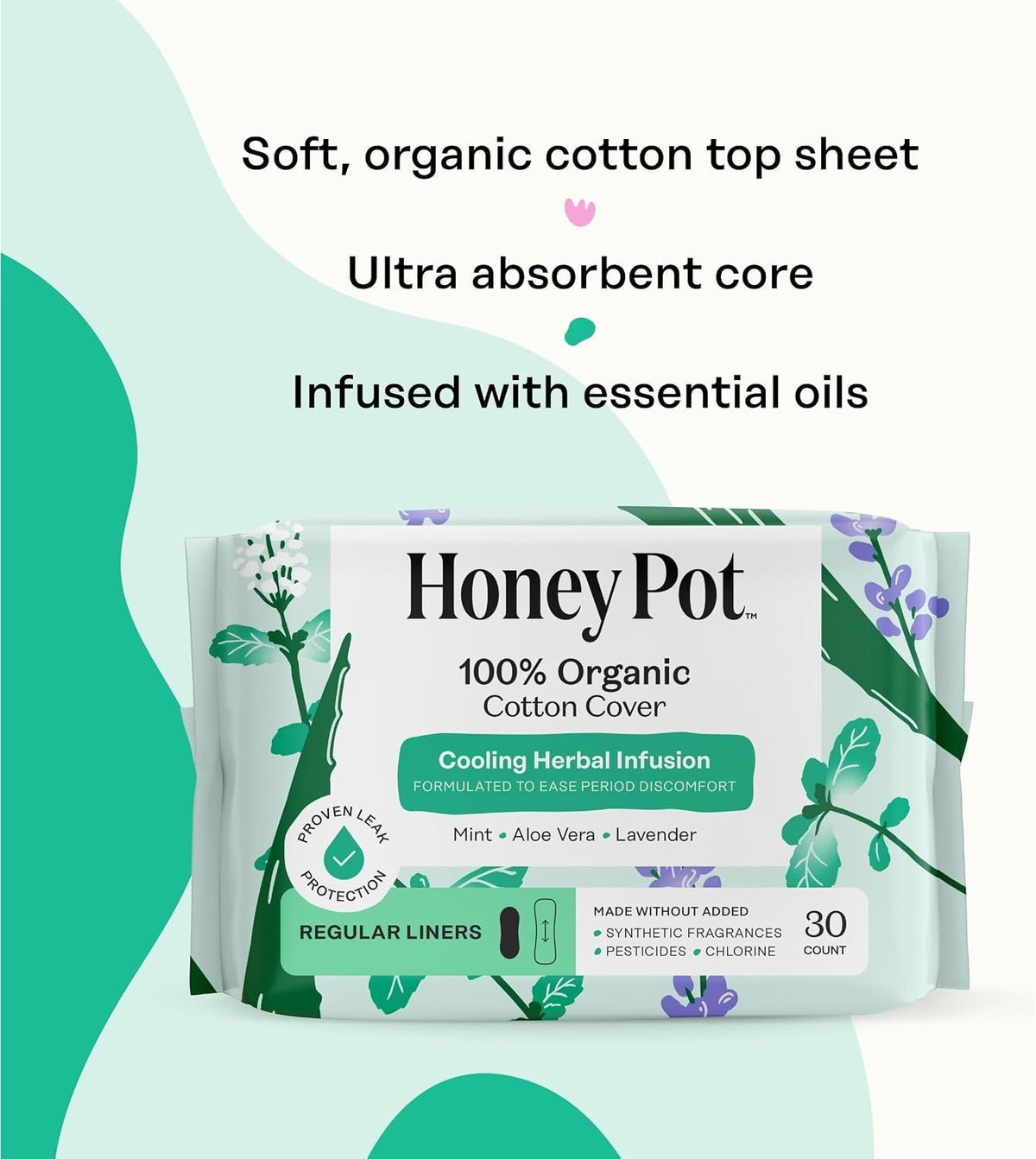 Herbal Infused Panty Liners - Organic Cotton, Cooling Effect, 30 Count Pack of 4