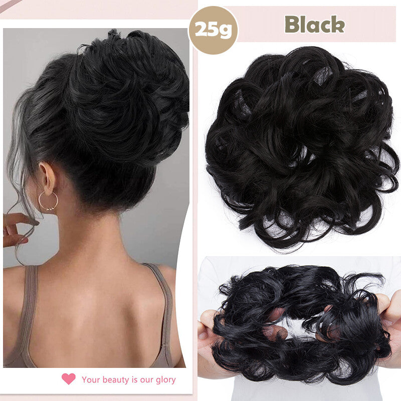 Natural Human Hair Messy Bun Ponytail Extensions with Curly Scrunchie Updo