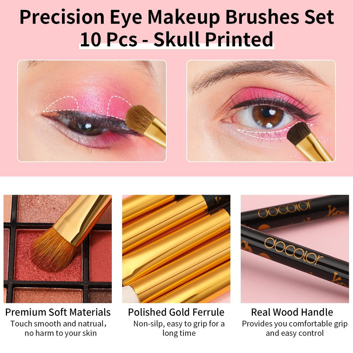 10Pcs Eye Makeup Brush Set with Skull Printed Handles for Eyeshadow & Eyeliner