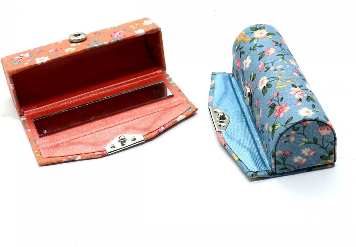 Ladies Floral Lipstick Case Holder with Mirror - Travel Cosmetic Organizer