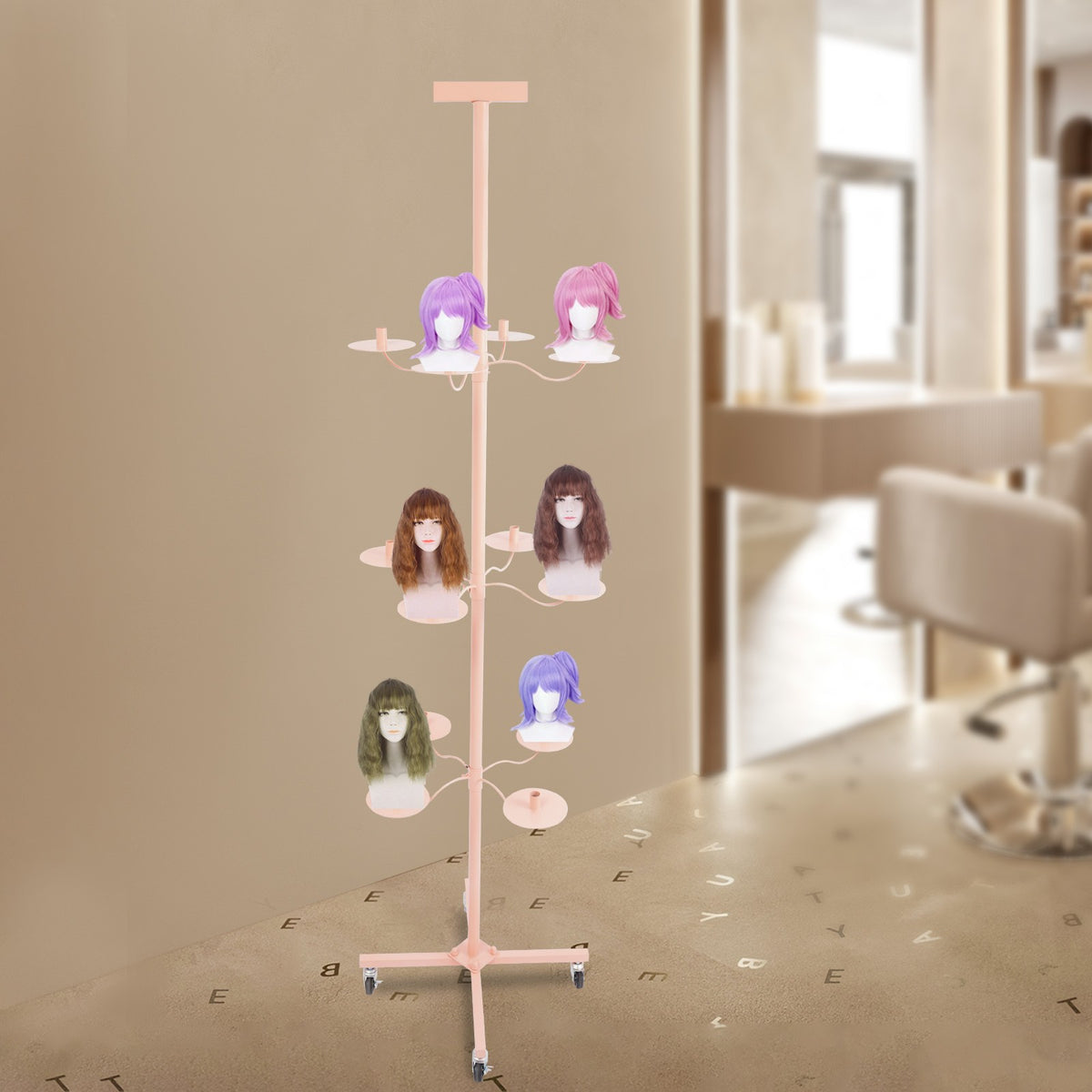 Pink 12-Head Heavy Duty Wig Stand Organizer with Rotating Tiers