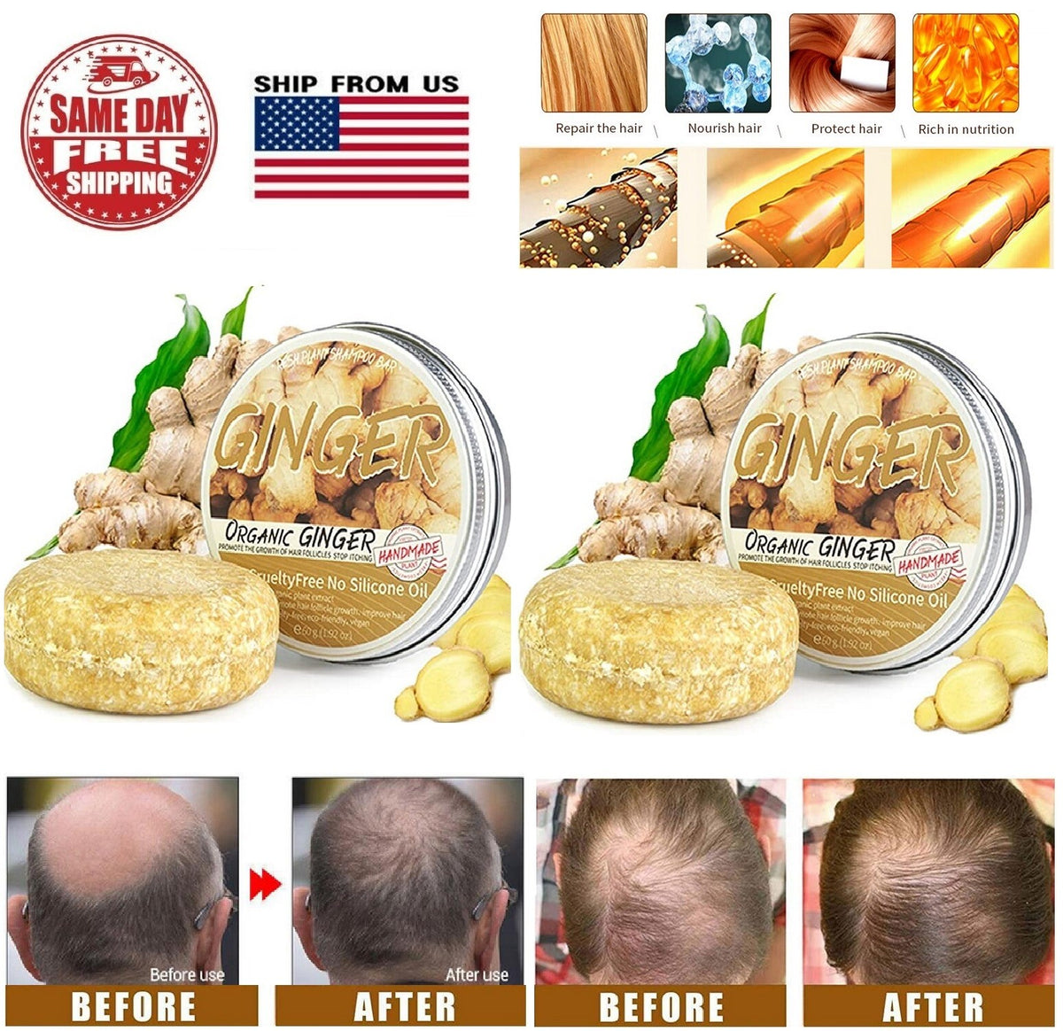 Ginger Hair Growth Shampoo Bar for Hair Regrowth & Damage Repair - Natural & Safe