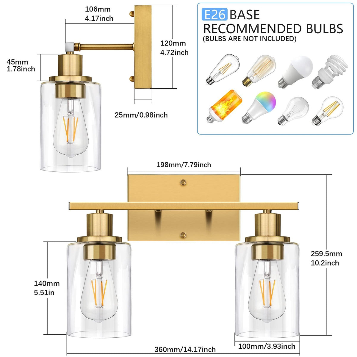 2-Light Gold Bathroom Vanity Lighting Fixture with Clear Glass