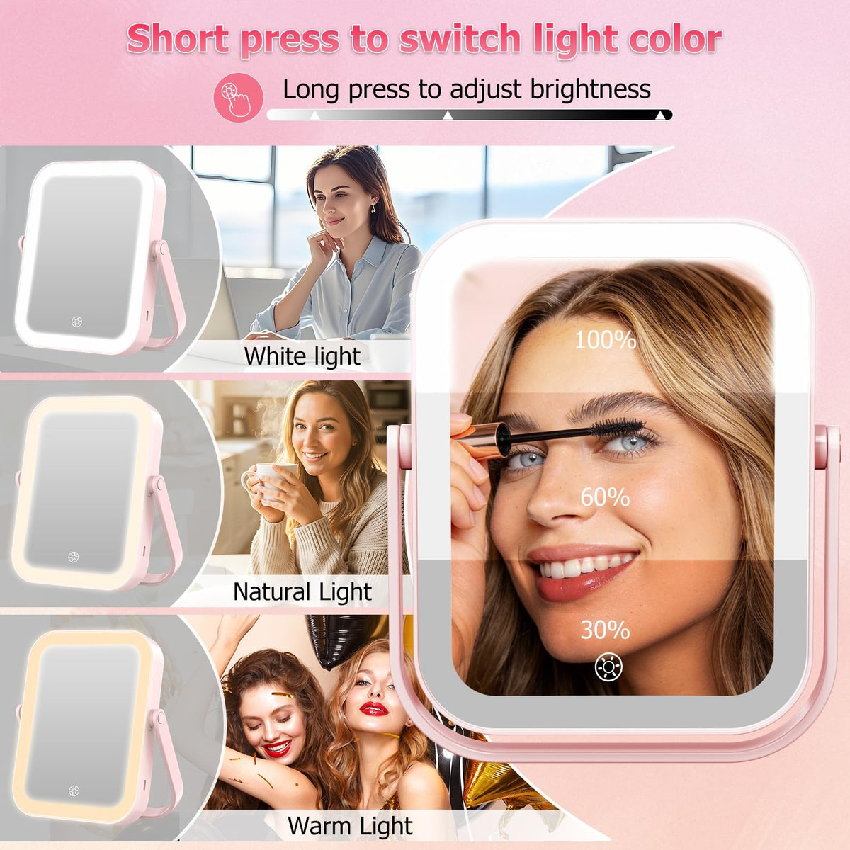 Travel Makeup Mirror with Lights 30X/1X Dimmable Touch Screen Pink Rechargeable Vanity