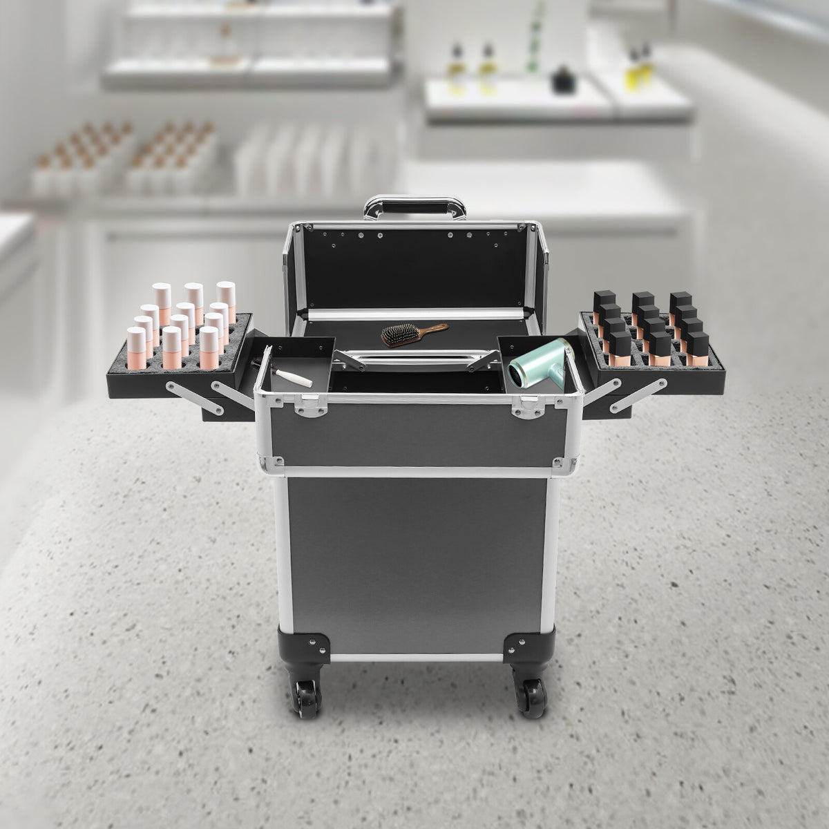 Rolling Makeup Train Case Cosmetic Trolley with Wheels Black