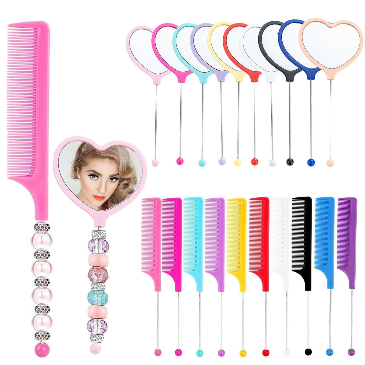 Colorful Beadable Heart Mirrors Set - 10 Pack, Portable 9.05 x 1.1 Inches
