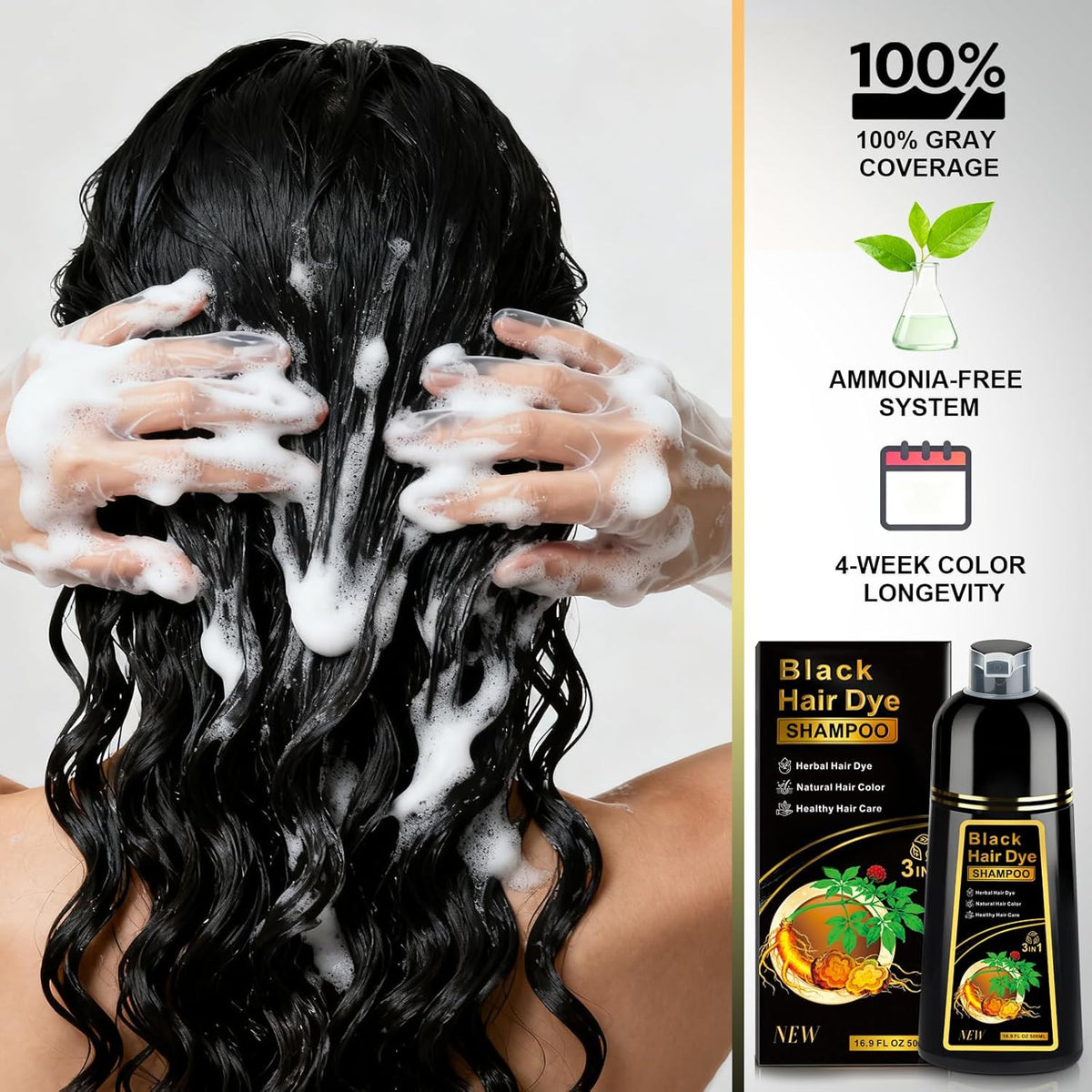 Black Hair Dye Shampoo 3-in-1 for Gray Hair