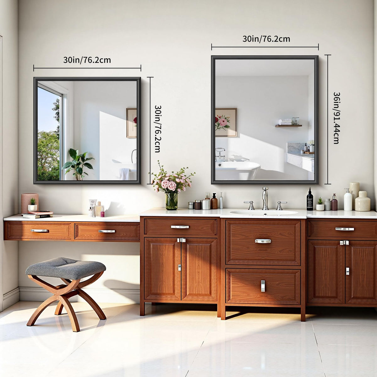 30x30 Black Framed Bathroom Mirror - Modern Raised Metal Wall Mirror