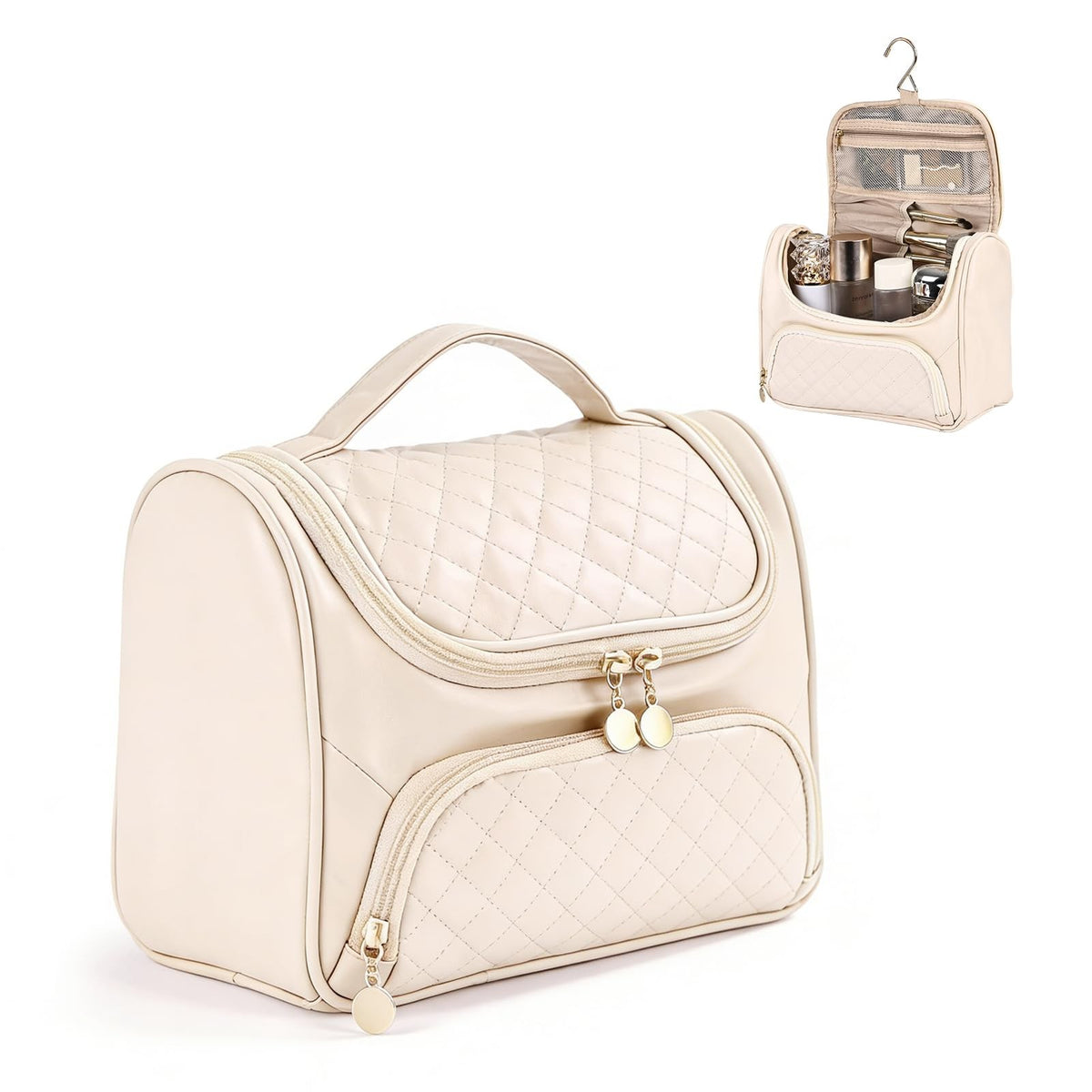 Travel Toiletry Bag for Women with Makeup Brush Organizer - Beige