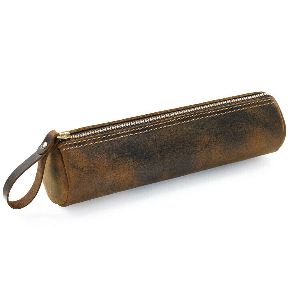 Handmade Leather Pen Pouch Zipper Pencil Case Stationery Storage Box Gift