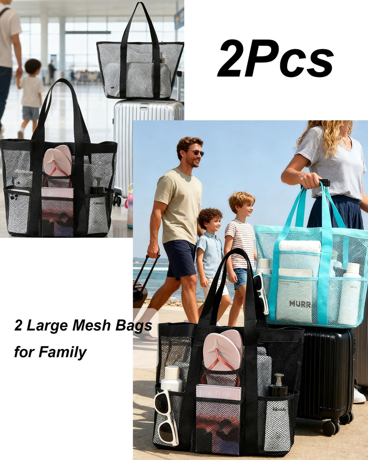 Large Mesh Beach Bag with Multiple Pockets and Zipper - 2 Pack