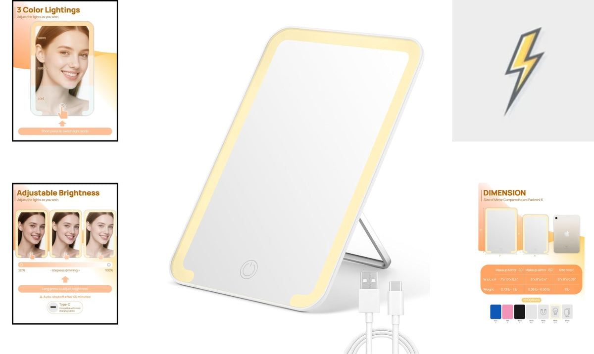Portable Lighted Makeup Mirror with 3 LED Modes and USB Charging