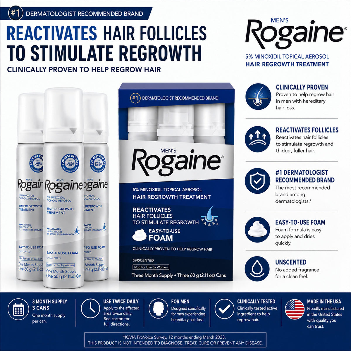 Men's Rogaine 5% Minoxidil Foam Hair Regrowth Treatment - 3 Month Supply