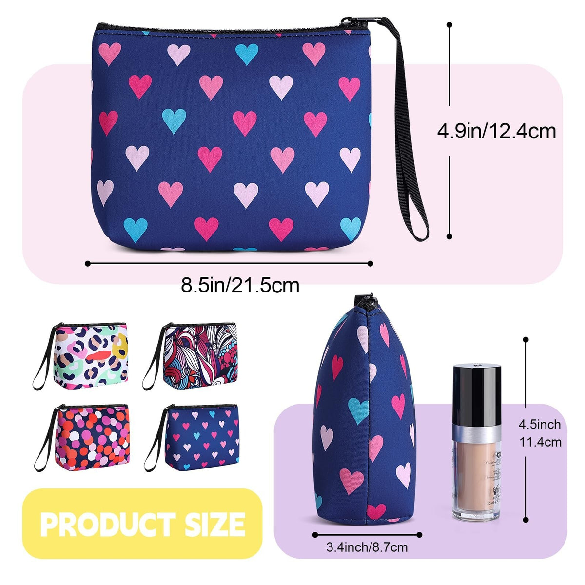 Large Neoprene Makeup Bag with Handle - Travel Cosmetic Organizer, Washable, Colorful Hearts