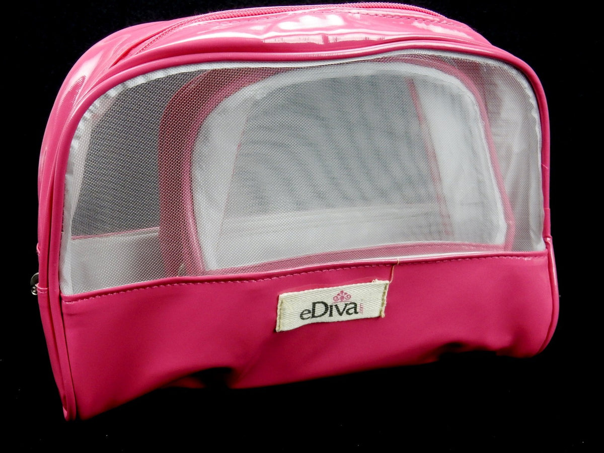 Set of 2 Vinyl Makeup Pouches - Fuschia Shell with Sheer Side Panels